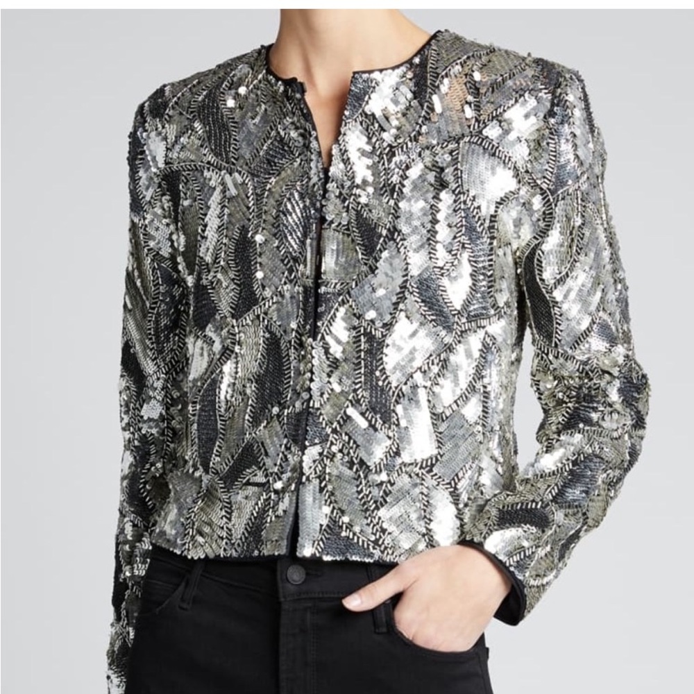 Alice and Olivia Sequin Black and Silver Cropped Jacket